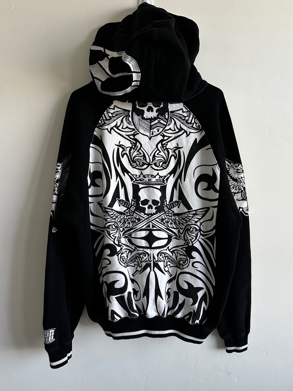 No Fear Y2K Full Zip Hoodie Black White Skull Wings Graphic Grunge Size Large - Picture 5 of 10